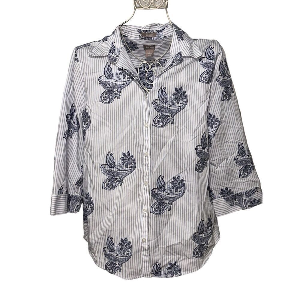 GREAT CONDITION WOMEN NO-IRON Paisley-Print Cotton Shirt bohemian BLOUSE CHICO S